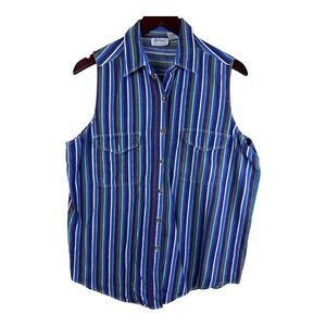 Vintage 90’s Mykonos Striped Denim Sleeveless Blouse Sz L Western